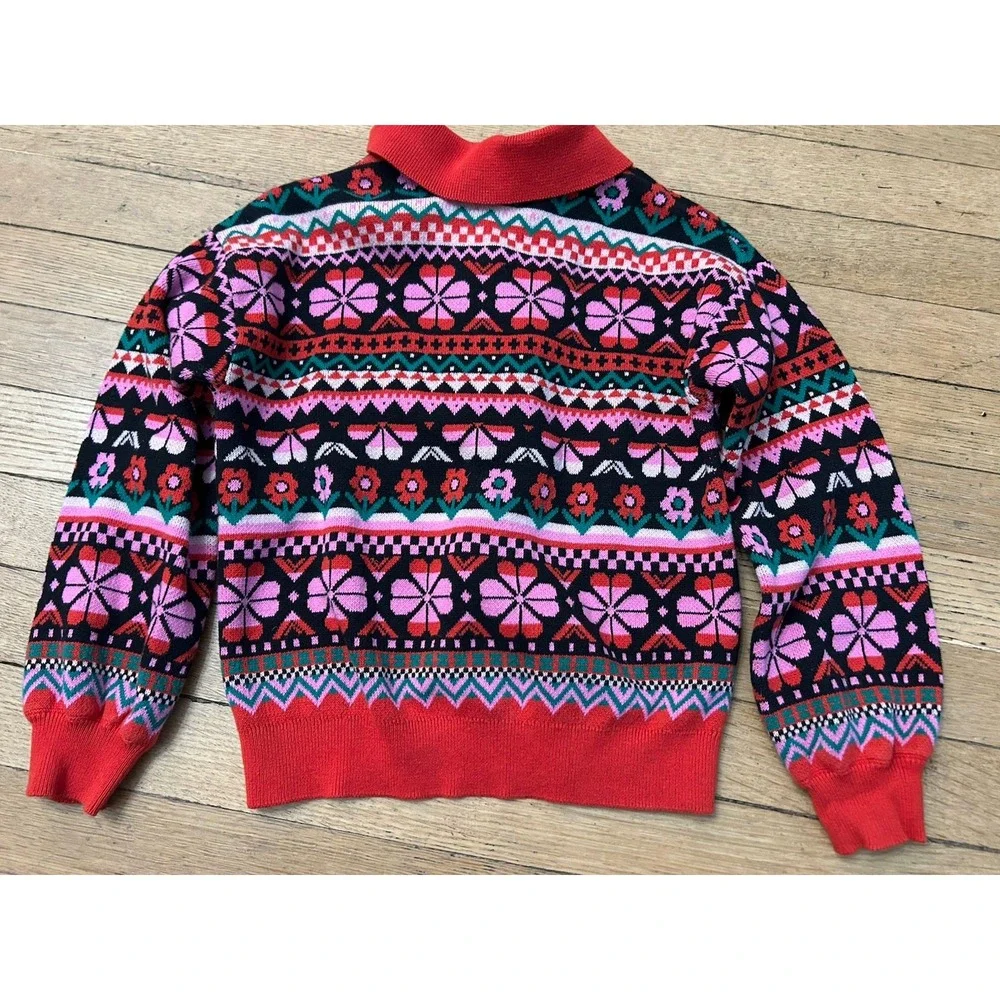 Hanna Andersson Size 10 Fair Isle Floral Cardigan Sweater Collared Pink Red